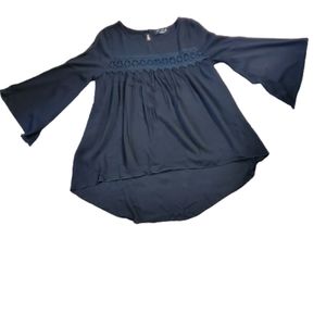 Love Kuza Women’s shirt top solid black flounce long  sleeve blouse M